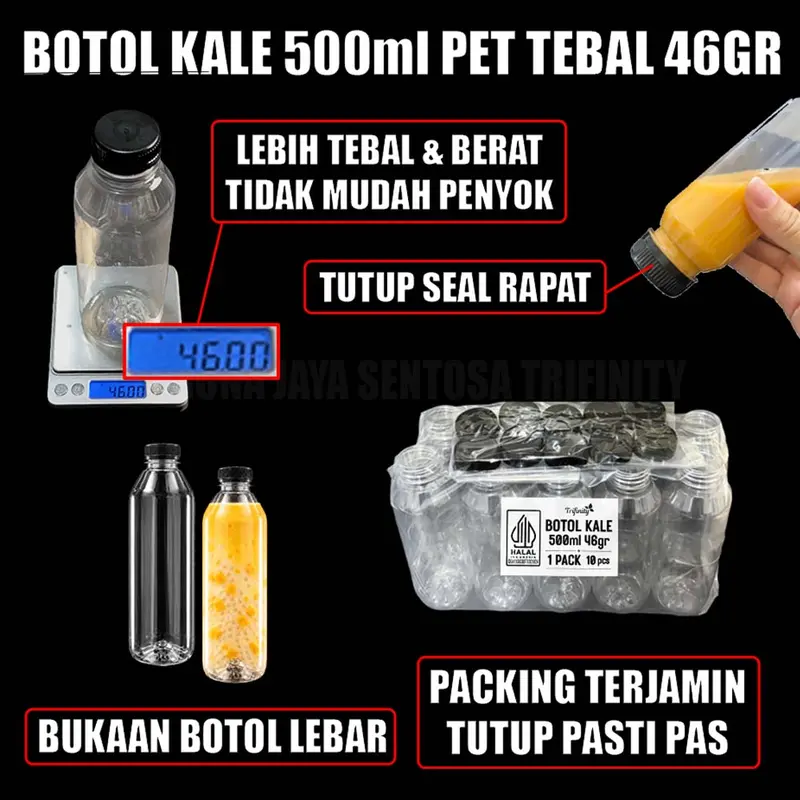 Botol Kale Tebal 46gr Tutup Segel Rapat Botol Plastik Kopi jus 250ml 500ml 1000ml Trifinity Pack JSP