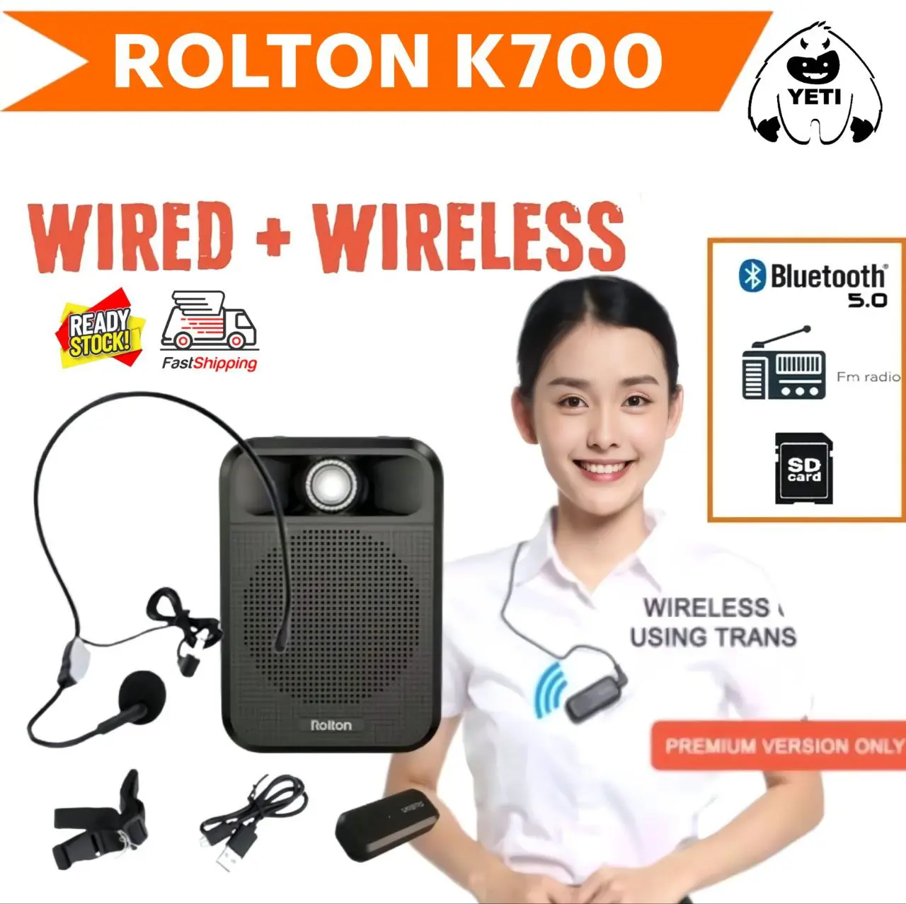 Rolton K700(wireless)Voice Amplifier Microphone Bluetooth 5.0 Speaker FM Radio SD Card MP3 Audio Recording Wired Wireless Gadget Power Talk