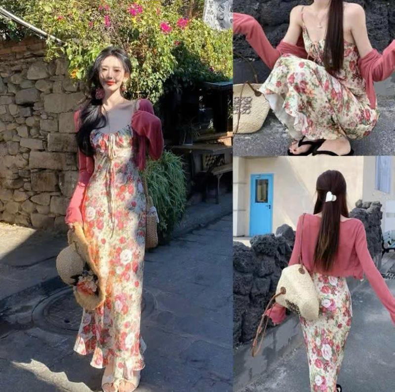    Xả kho   Sét Váy Hoa 2 Dây Dài Mix Áo Khoác Len Mongtogi Dành Cho Nữ Mặc Hè Thu Đi Chơi Đi Du Lịch Cực Sang Chảnh by T.LINH STORE 68 