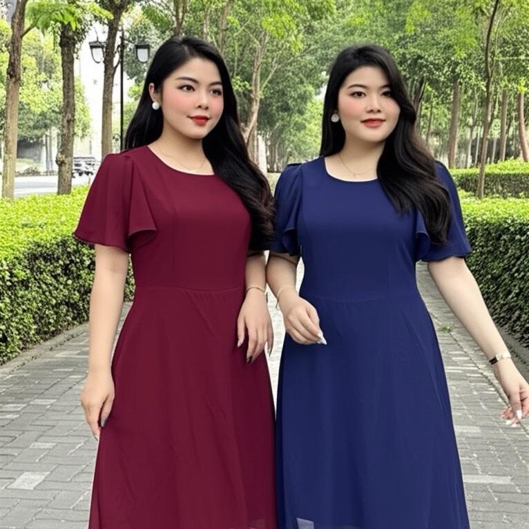 Đầm bigsize trung niên 50-95kg chất liệu lụa tằm ý. che khuyết điểm tốt Nữ Women Dress Kem Voi Nhung Ren Viền Ren Sen Màu Đỏ váy tiệc