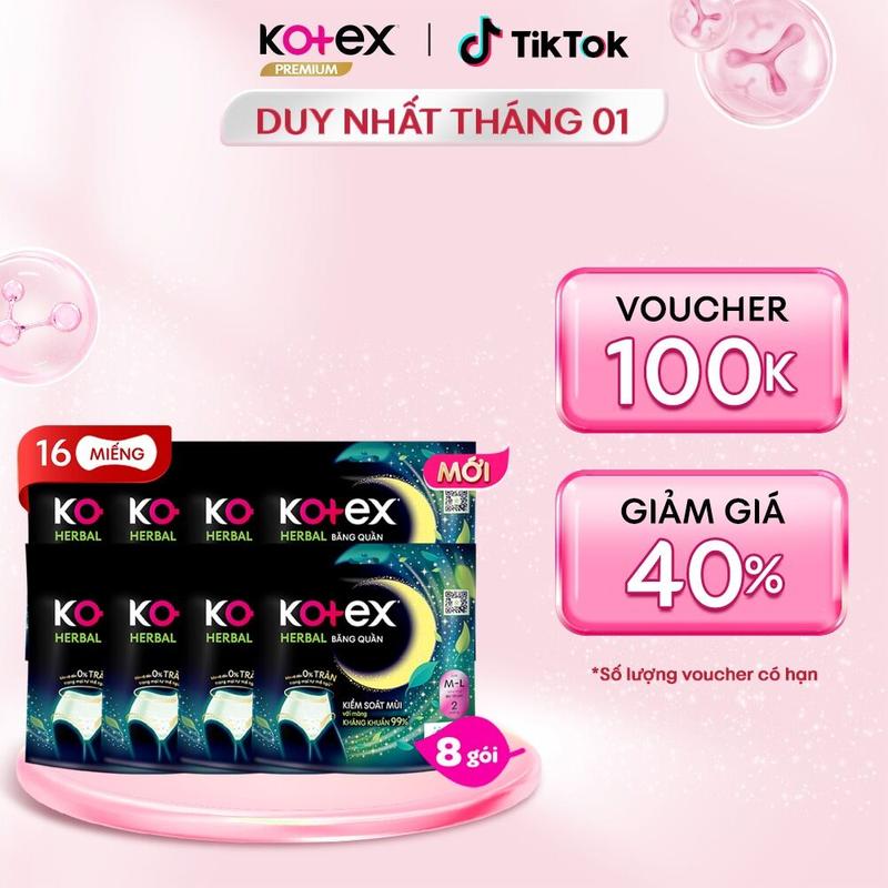 QUÀ TẶNG HOT 8 gói băng vệ sinh quần Kotex Herbal cỡ M L chống tràn thấm hút tốt thoáng khí không lộ viền khử mùi kháng khuẩn 2 miếng gói phù hợp sử dụng ngày và đêm dành cho phụ nữ mang thai và sau sinh bvs kinh nguyệt nhiều tampon