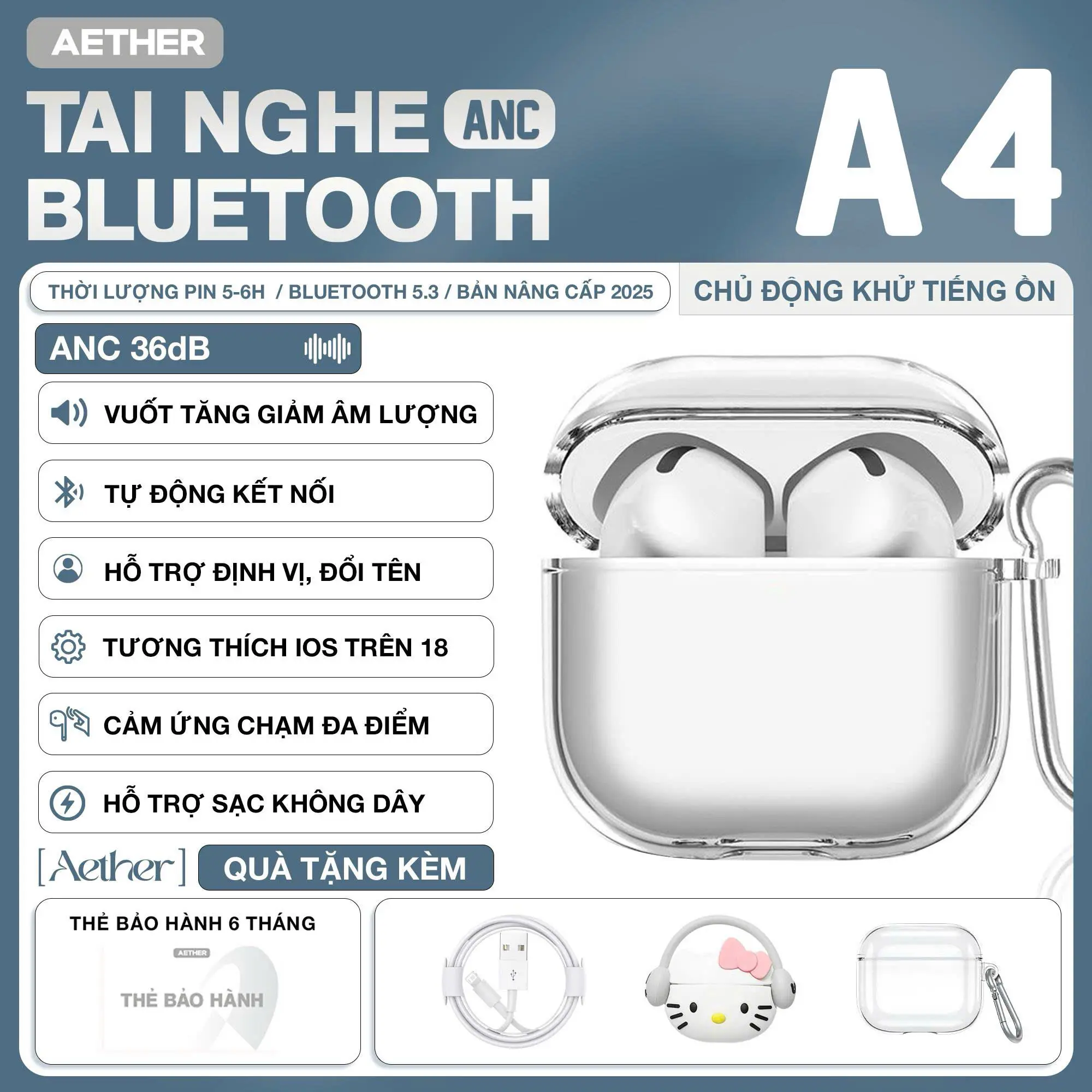 Aether Tai Nghe Bluetooth A4 ANC Aether, Tặng Ốp, Cáp Sạc, Chống Ồn, Vuốt Tăng Giảm Âm Lượng, Định Vị, Đổi Tên, Tự Động Kết Nối, Bảo Hành 6 Tháng, Pin Trâu, Nhét Tai Nghe Nhạc Earphone Bluetooth