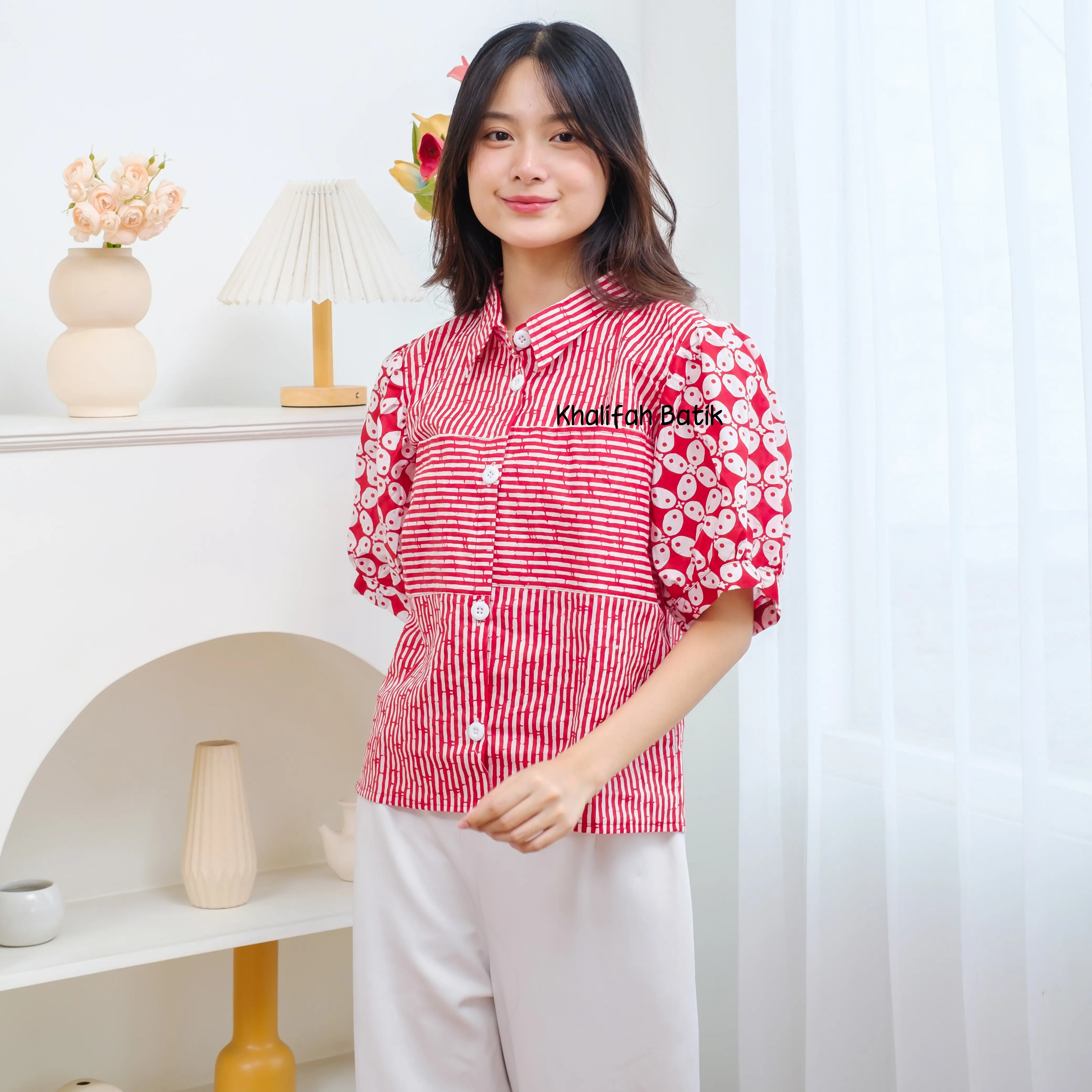Atasan Kemeja  Cewek Casual Motif Batik Salur  Wanita Dewasa Modern Baju Katun Pendek Panjang Remaja