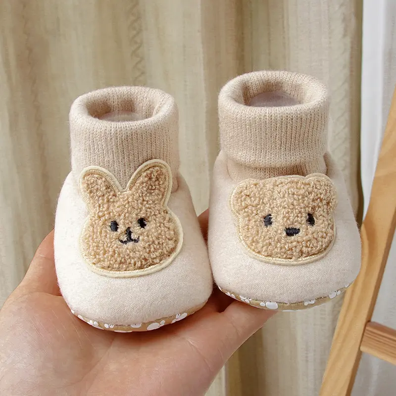 Winter Warm Baby Learning Walking Shoes Soft Sole Anti slip Floor Socks Thick Cotton Infant Footwear 3D Rabbit Bear Kids Sock 3-11M
