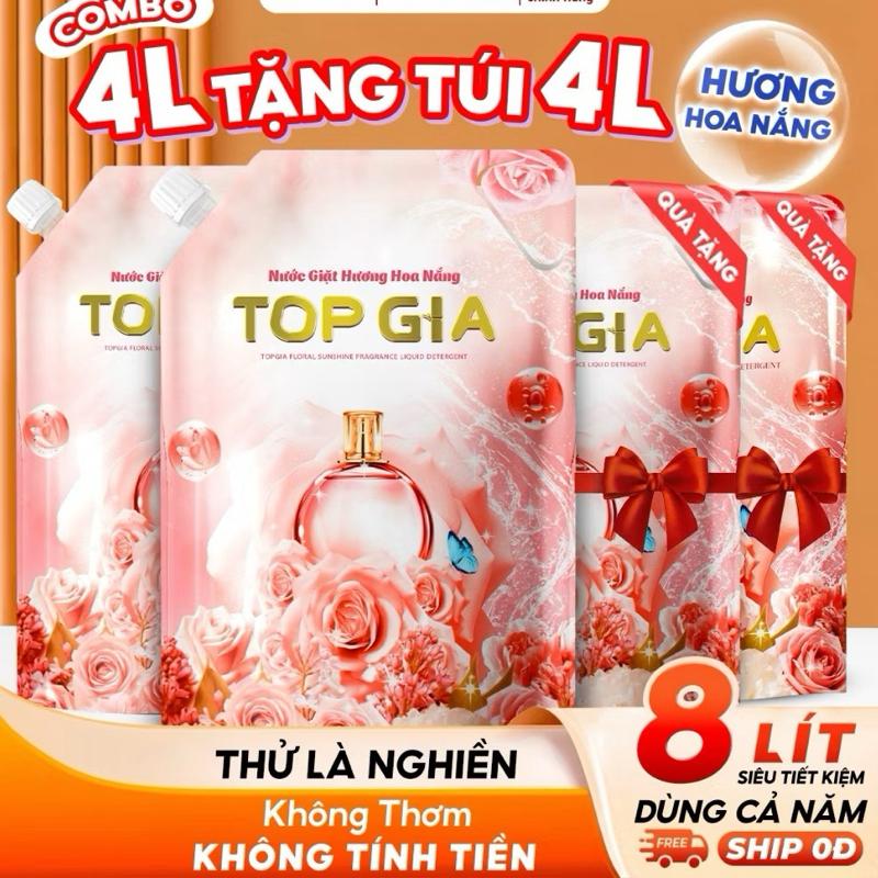 COMBO 8KG NƯỚC GIẶT XẢ HƯƠNG HOA HỒNG TOPGIA 3IN1, lưu hương 72h thơm lâu mềm vải