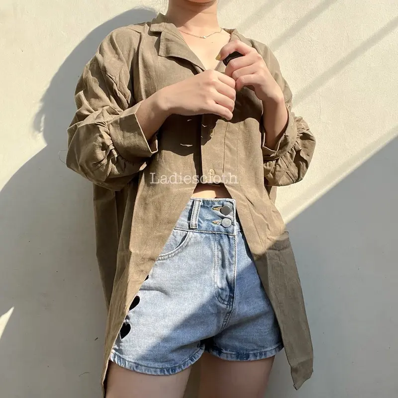Kemeja Plain Bona Blouse Katun Lengan Panjang Motif Polos Wanita Denim Atasan Kancing Baju Casual Basic 1