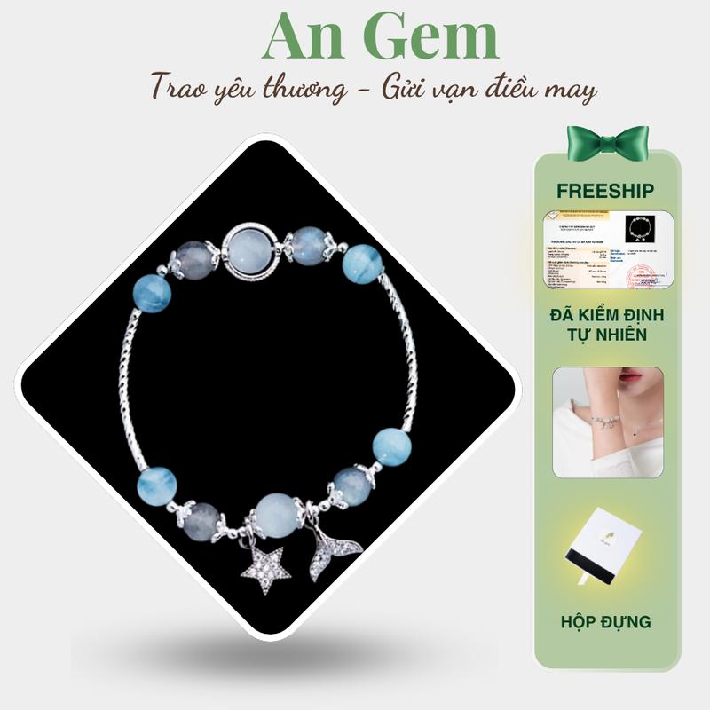 Vòng tay đá tự nhiên phối charm thiết kế An gem, lắc tay nữ đá màu xanh dương mix xám xanh Aquamarine mix Labradonite) phụ kiện đeo tay phong thuỷ quà tặng sinh nhật giáng sinh Noel Tết Valentine