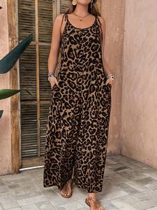 Mono de mujer con estampado de leopardo, sin mangas, cintura ajustable con lazada y piernas anchas, ajuste holgado para uso casual, elegante y cómodo para el día a día