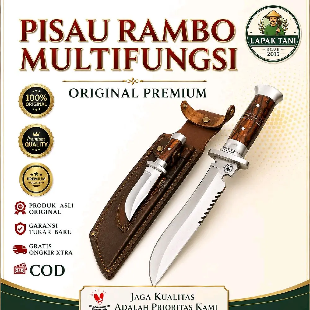 Lapak Tani Group | Pisau Survival Outdoors ] Pisau Rambo Baja Per Asli > Pisau Mewah Serbaguna  PISAU RAMBO TERBARU | ASLI BAJA PER SUPER TAJAM !