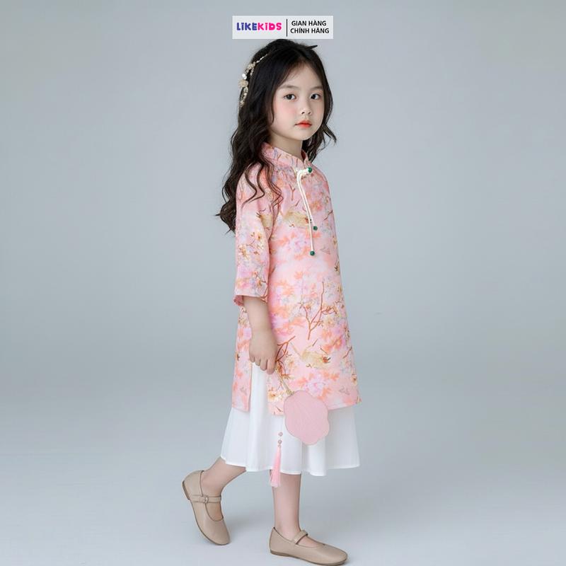 ÁO DÀI với chân váy cho bé gái họa tiết CHIM HẠC T2 - Likekids