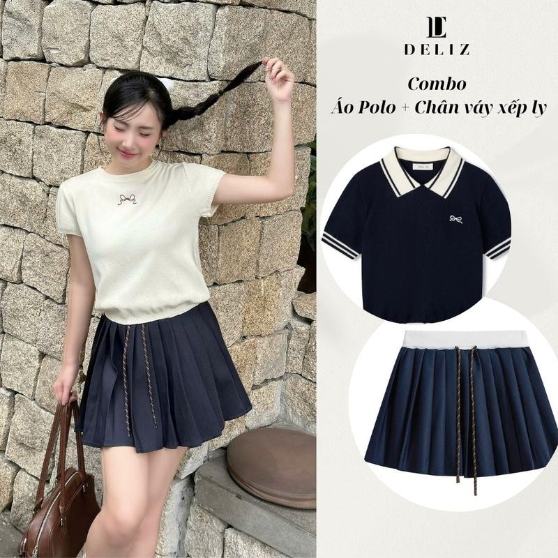 [COMBO CV31] Set áo polo ngắn tay phối chân váy xếp ly màu xanh cạp cao dáng ngắn DELIZ