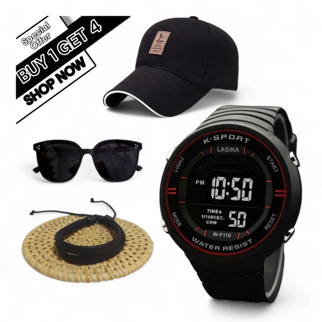 Jam Tangan Digital Anti Air Paket Bundling Beli 1 Dapat 4 Item, Jam Tangan Digital Pria, Topi Baseball, Kacamata dan Gelang Handmade Watches Aksesoris Karet keren