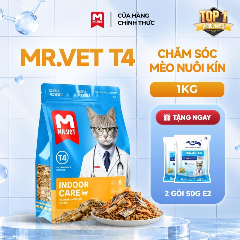 Hạt Holistic Mr.Vet Thế hệ T4 Túi 1kg Công thức 6 loại cá Cá ngừ, Cá hồi, Cá Bonito, Cá cơm, Cá tuyết cùng Topping Cá trứng và Tôm Krill sấy khô, duy trì thể trạng lý tưởng cho mèo ít vận động phù hợp cho mèo mọi lứa tuổi