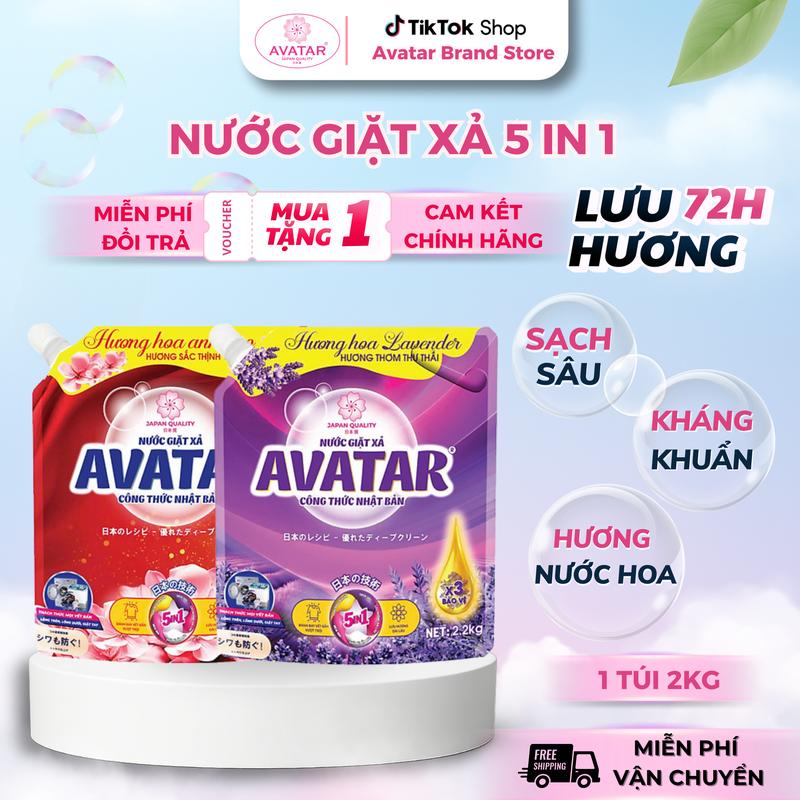 MUA 1 TẶNG 1 Nước giặt xả Avatar 5 in 1 hương hoa anh đào và hương lavender làm sạch sâu lưu hương dài lâu dịu nhẹ cho làn da túi 2kg