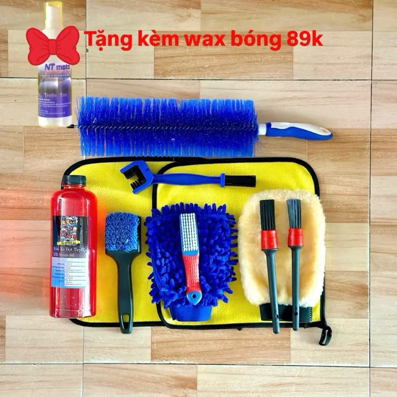 Combo Dụng Cụ Rửa Xe Số Gồm Xà Bông 1000ml, Chổi 45cm, 2 Khăn, 2 Cọ Chi Tiết, Bàn Chải Cao Cấp, Kèm Dụng Cụ Rửa Xe