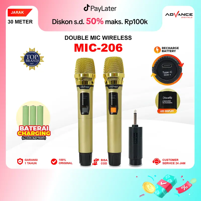 【COD】Advance MIC-206 Double Mic Wireless Recharger Bisa digunakan untuk Souncard/Speaker Garansi Resmi 1 Tahun Gold Microphone 0