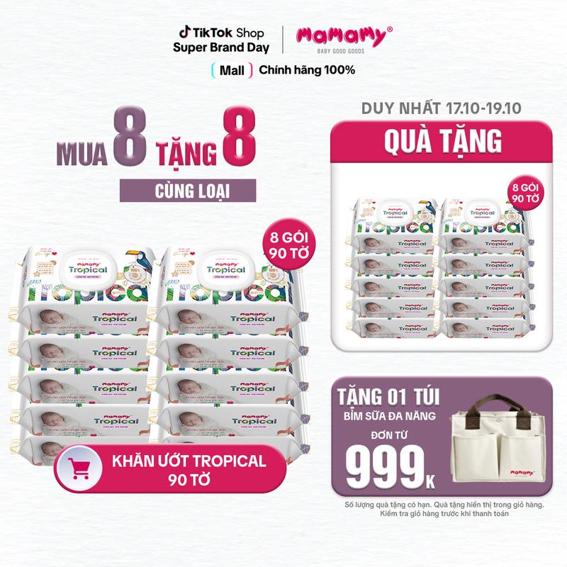 [SBD][MUA 8 TẶNG 8] MUA 8 gói khăn ướt Mamamy Tropical 90 tờ cao cấp chính hãng cho mẹ và bé, sợi vải thuần tự nhiên và rayon, x2 chất chống hăm, bổ sung tinh chất thiên nhiên TẶNG 8 gói cùng loại