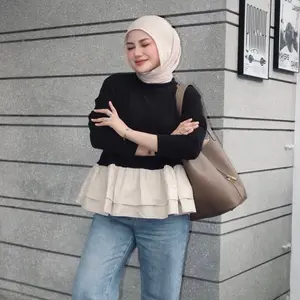 Floral Id - Blouse Peplum Knit Mix Poplin Nerina Atasan Wanita Rample Lengan Panjang Korean Style