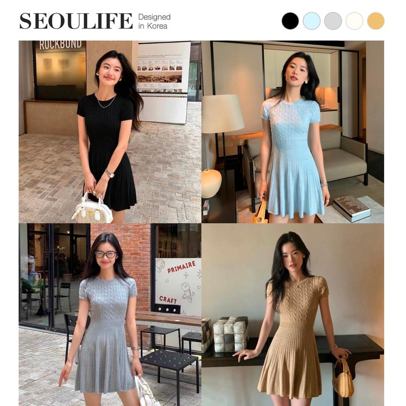 SEOULIFE | Phong cách tiểu thư thanh lịch Hàn Quốc xuân hè 2026. Váy dệt kim tay ngắn dáng chữ A ôm eo thanh lịch. Dễ phối đồ đi làm, hẹn hò, du lịch. Tôn dáng, tôn da. Màu trắng, hồng, đen, xám và nâu cà phê.