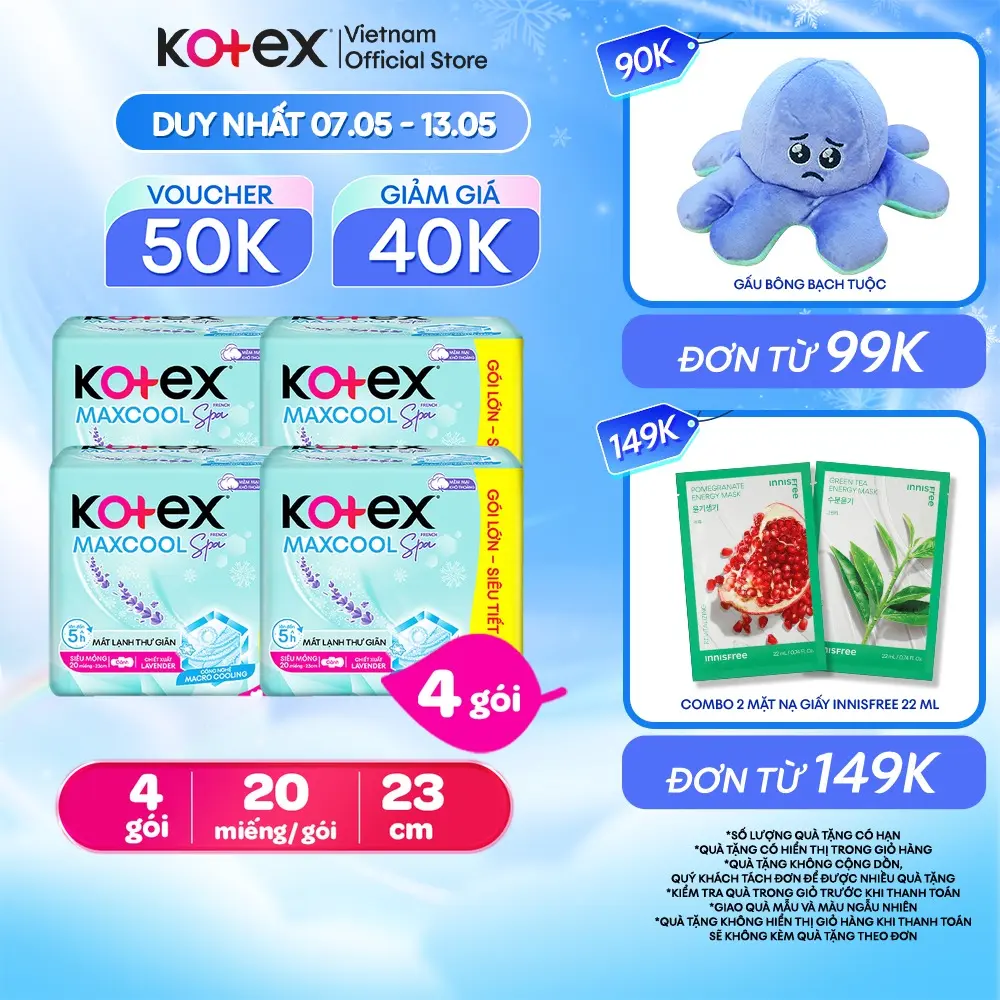 [Creator] Combo 4 gói băng vệ sinh Kotex Maxcool French Spa Siêu mỏng cánh 23cm (20M/gói) [Bao bì thay đổi tùy đợt nhập hàng]