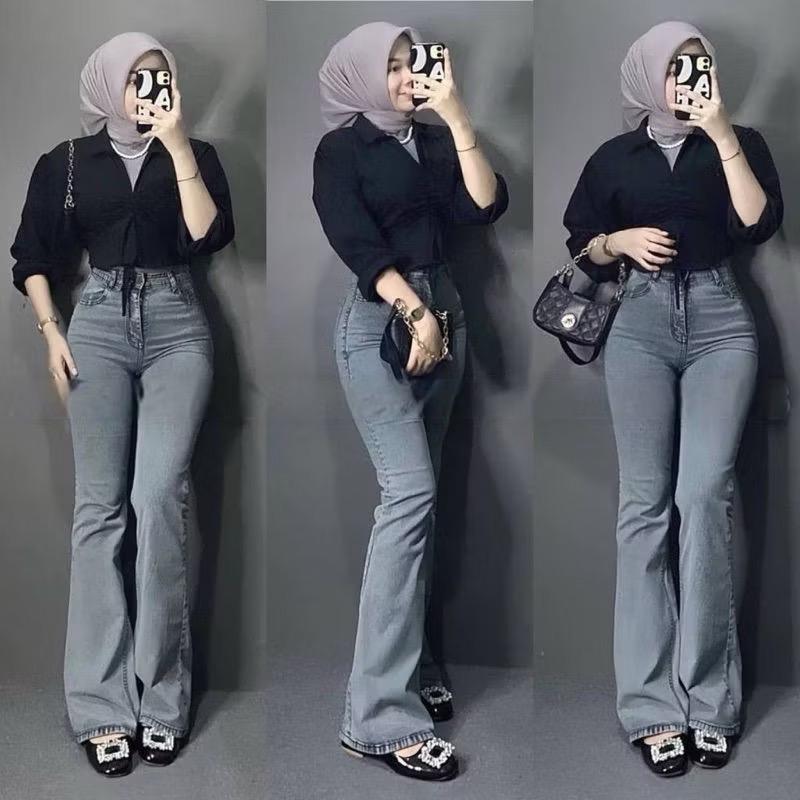 Celana Highwaist Cutbray Jeans Loose   Panjang Wanita Korean Style Denim Melar Kekinian Cewek 0