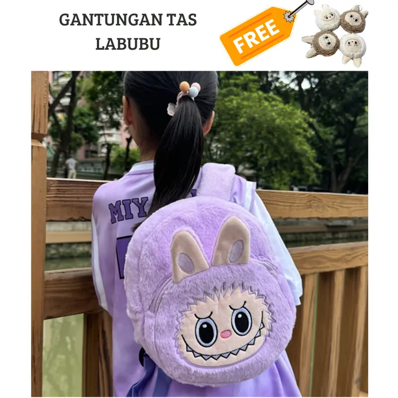 Tas Ransel Anak TK/SD Karakter Boneka Labubu Bulu Halus - Ransel Anak Bulu Halus Head Labubu Kawaii 6