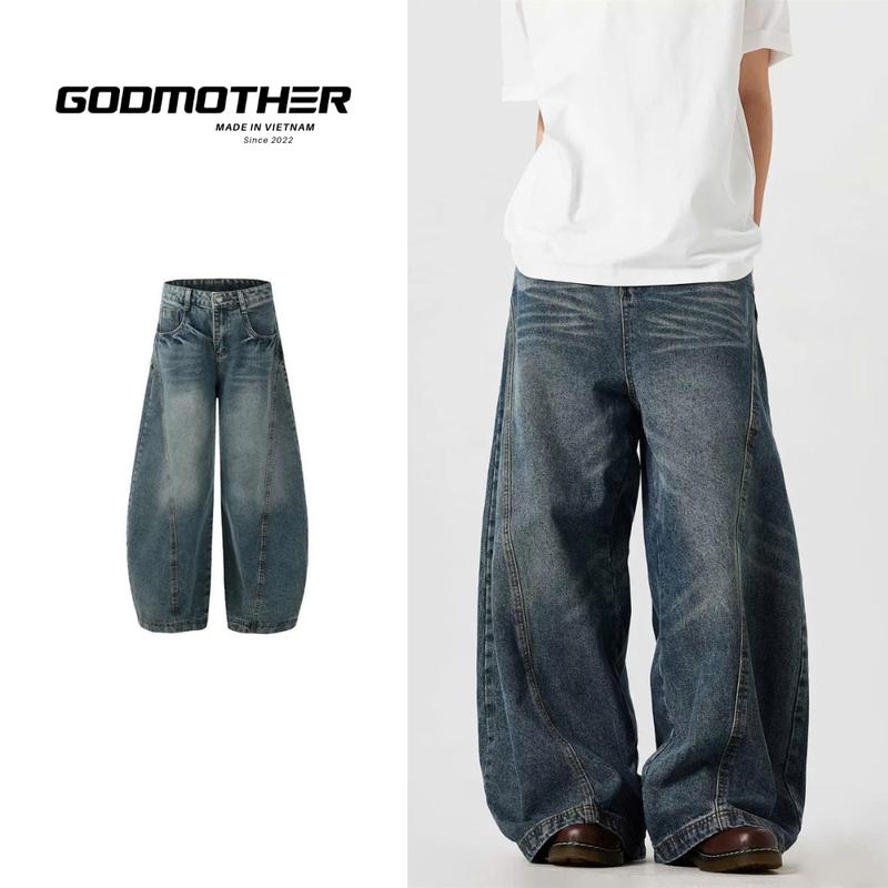 Quần Jean Cạp Trễ Wash GODMOTHER Quần Denim Ống Rộng Xanh Wash Đường Phố Hàn Quốc Phong Cách Unisex