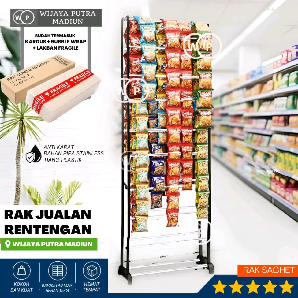 Rak Jualan Rentengan Ada 9 atau 10 Susun Bahan Tiang Plastik Pipa Stainless Multifungsi untuk Jualan Warung & Toko Kelontong (Kardus Rak Sepatu)