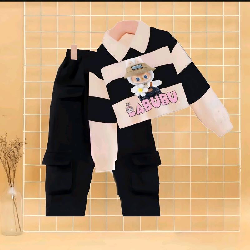 Baju labubu anak lengan panjang set celana joger model kerah usia 3-12 tahun Setelan Fashion 5
