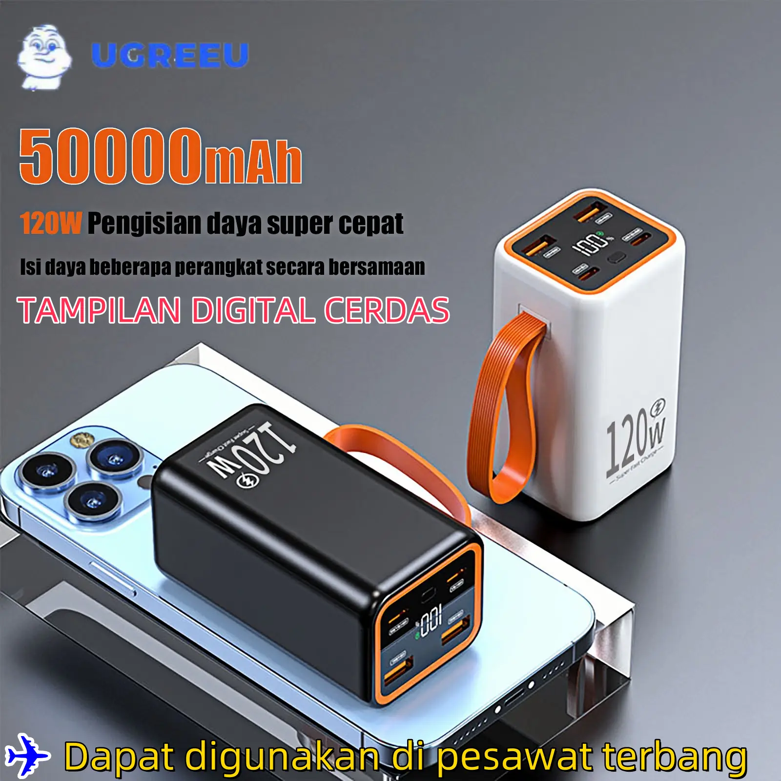 UGREEU Power Bank 50000mAh 120W Super Fast Charging Power Bank LED Display Power Bank 50000mAh Dual Output Ports USB dan Type-C Garansi 3 Tahun
