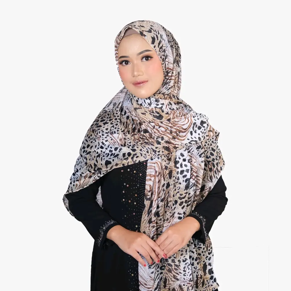 Jilbab Instan Panjang Pashmina Motif Macan Leopard Premium Wanita Garis Diamond Katun Slub 180x85cm