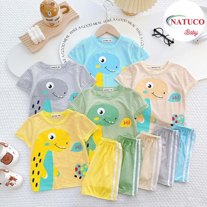 Bộ Quần Áo Trẻ Em Ngắn Tay Vải Thun Lạnh NATUCO Mềm Mát In Hình Khủng Long Cho Bé 8-27Kg TN-012
