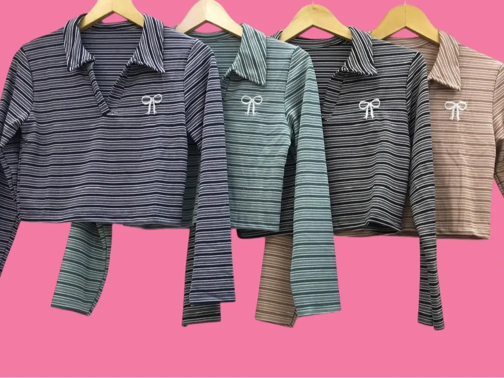 atasan wanita baju crop top lengan panjang strip pita Kaos Kerah