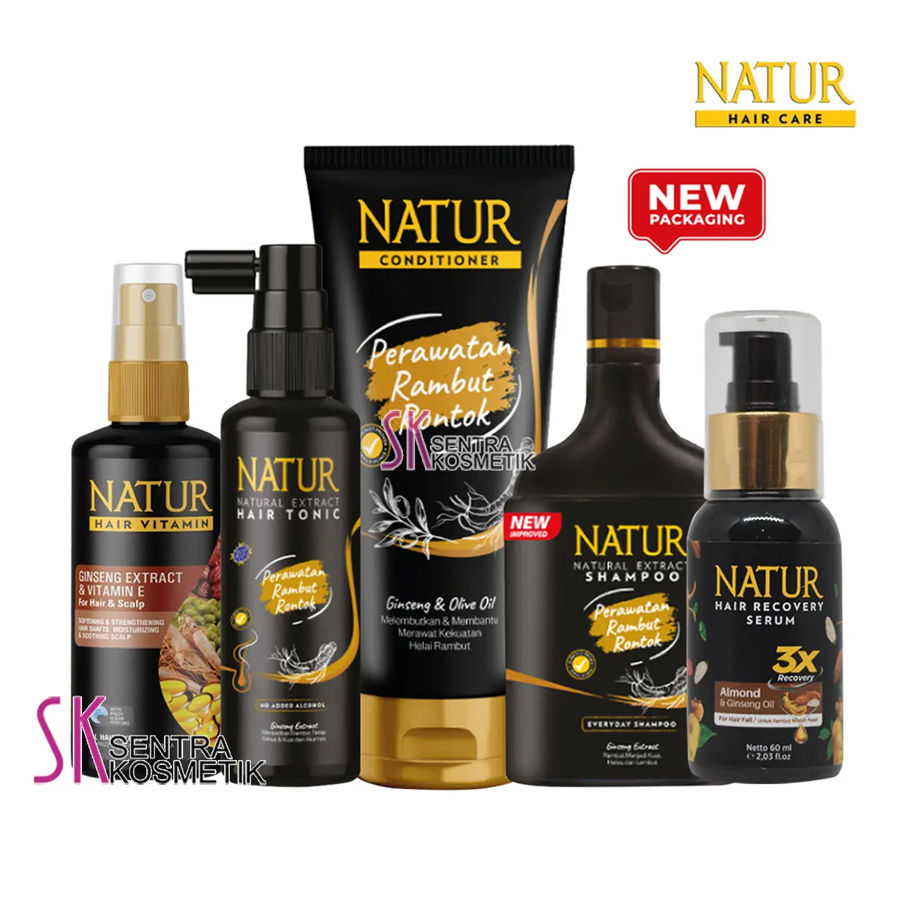 NATUR Paket Rambut Rontok Hair Fall Treatment Ginseng Extract Organik Sampo Conditioner Vitamin Haircare Memanjangkan