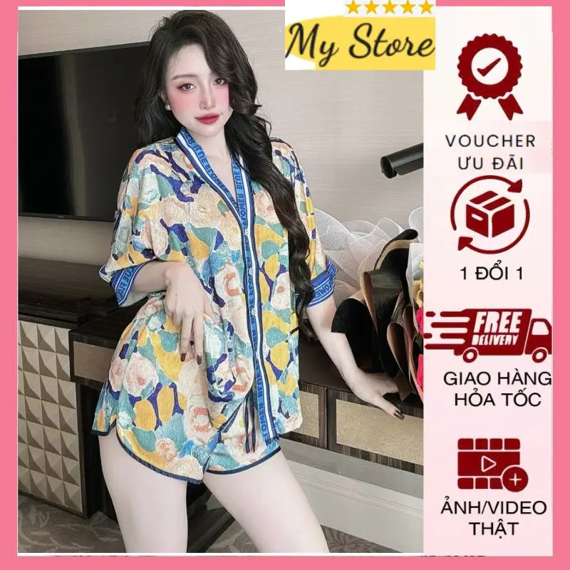 Đồ ngủ nữ, đồ bộ Sọt Đùi cánh Dơi cổ Y sang chảnh, họa tiết hot trend chất liệu lụa latin cao cấp form 50-68kg