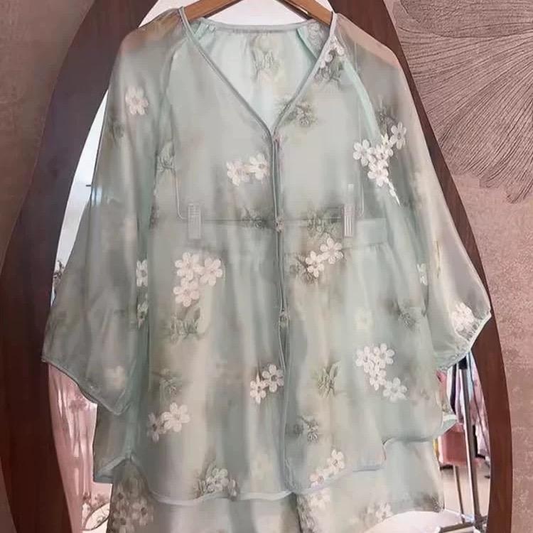 Set voan tơ màu Xanh thêu hoa kiểu cổ trang mềm mại mùa hè cho nữ thanh lịch hàng Quảng châu cao cấp 2025