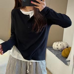 Women's Long Sleeve Mock Two-Piece T-Shirt, Fall Design Casual Loose Fit Top, Colorblock Inner Layering Tee, Stylish and Comfortable 7359# Womenswear Crewneck Fitted
