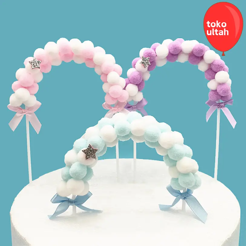 Topper Cake Pompom untuk Hiasan Kue Ulangtahun Warna Pink, Biru, Merah, dan Ungu Ukuran 13x20cm