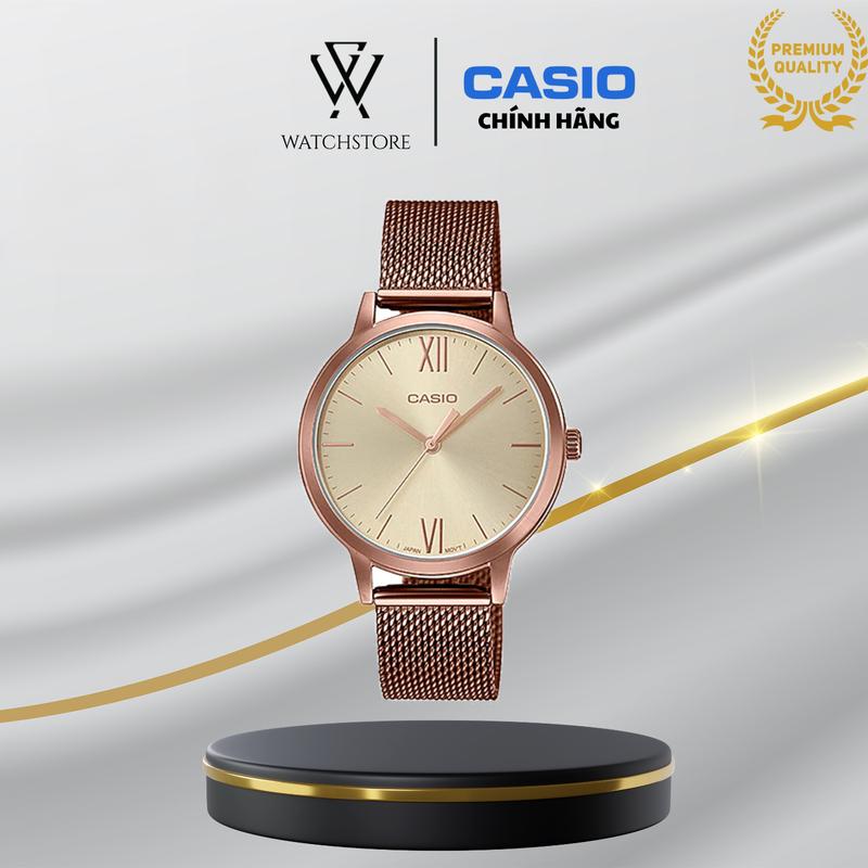 Đồng Hồ Casio Nữ LTP-E157MR-9ADF Màu Rose Gold Vàng Hồng Mặt Kính Khoáng 32mm Dây Mesh Không Gỉ Kháng Nước Chính Hãng