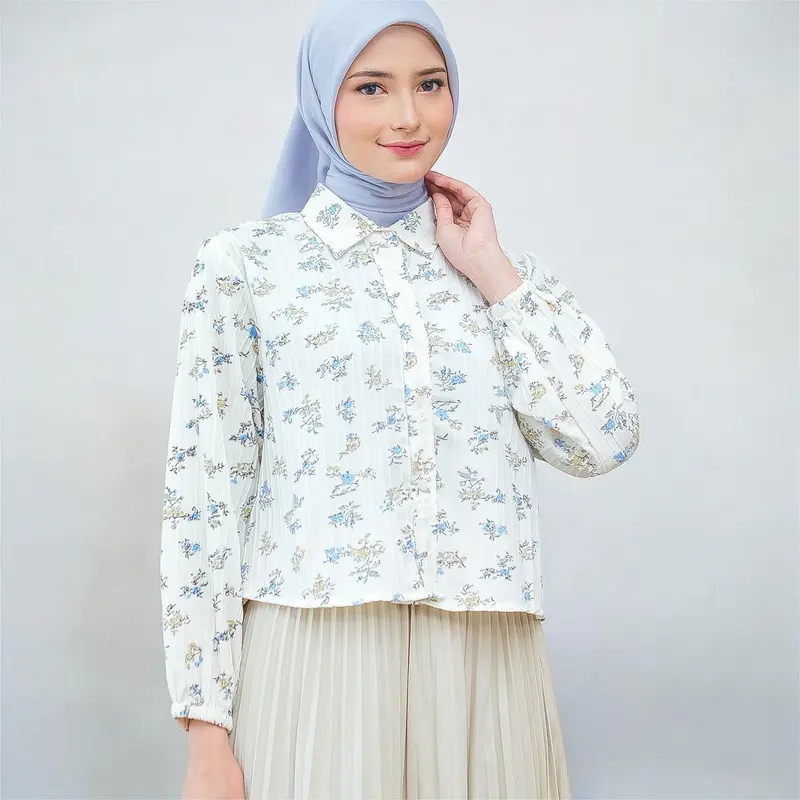 Atasan Fashion Korea Style Lengan Panjang Blus Wanita Musim Panas Casual Blouse Motif Bunga Bahan import 0