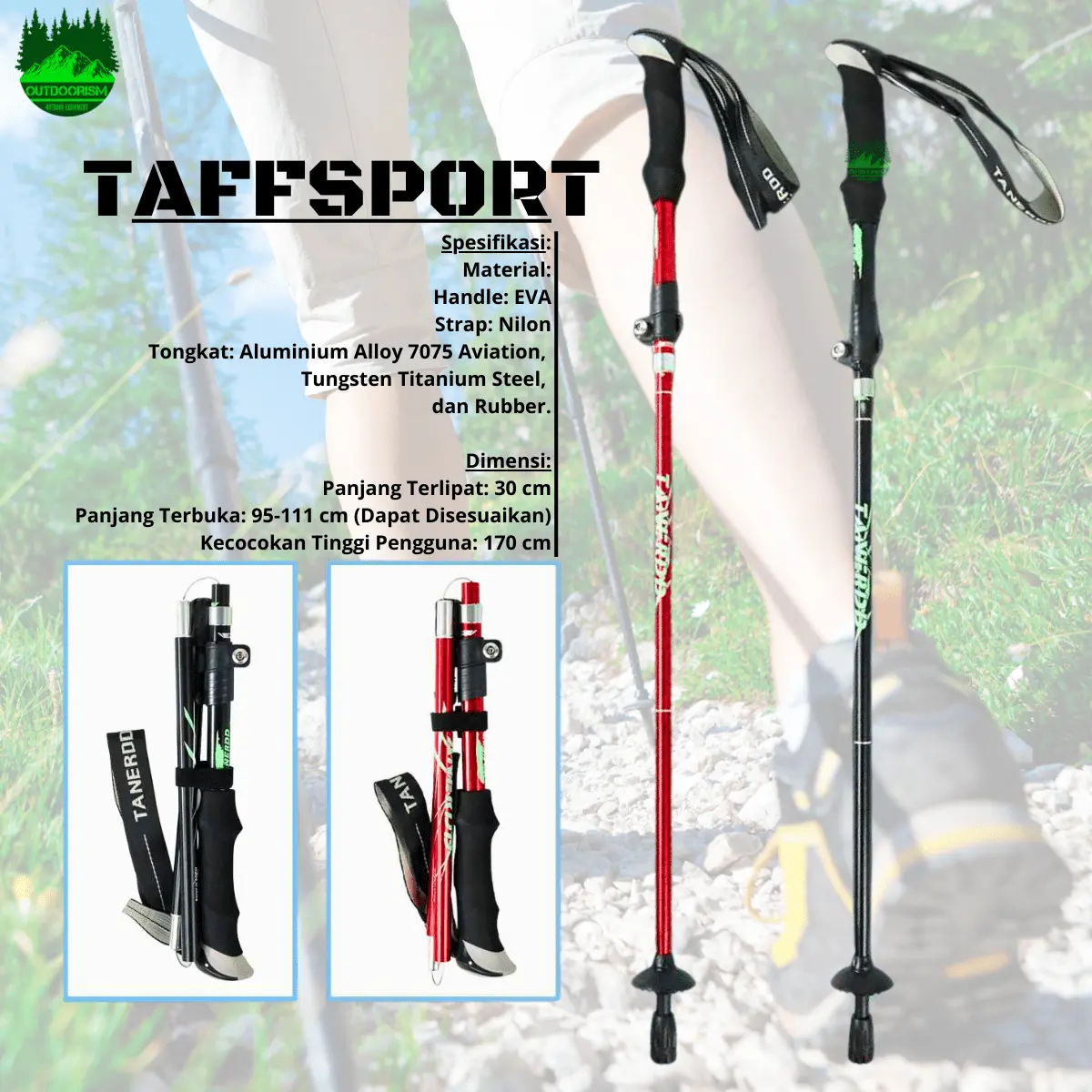 Tongkat Trekking Ultralight Lipat TAFFSPORT 110 cm dengan Pengunci Keselamatan Trekking Pole Haoyang Camping Outdoor Gunung