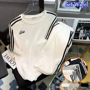 Setelan olahraga kasual PriaSet pendek lengan pendek pria M-3XL kasual bernapas dan nyaman Set kain wafel halus fashion t-shirt celana pendek pakaian wafel setelan