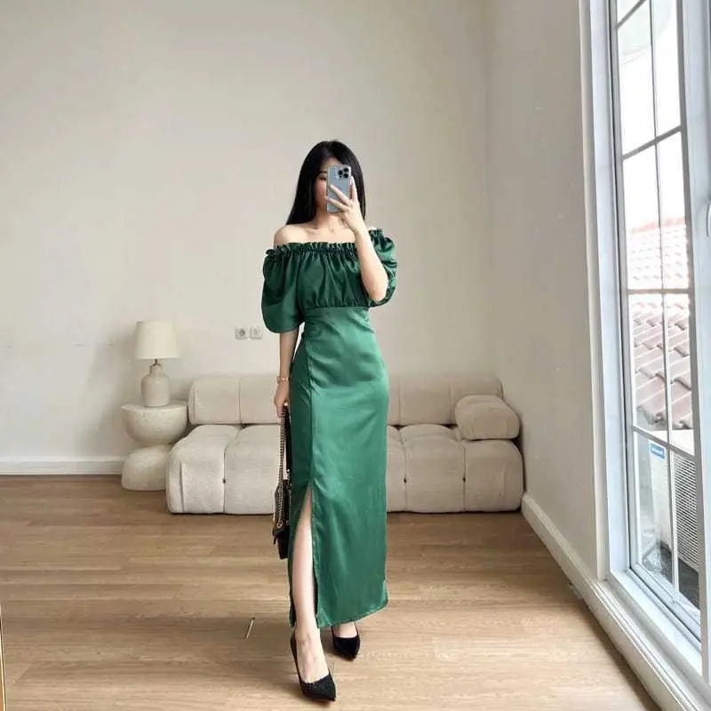 COD GAUN SARAS DRES CASUAL PESTA KONDANGAN MAXI BAHAN SATIN VELVET BELAHAN SAMPING S-XXXXL Silk