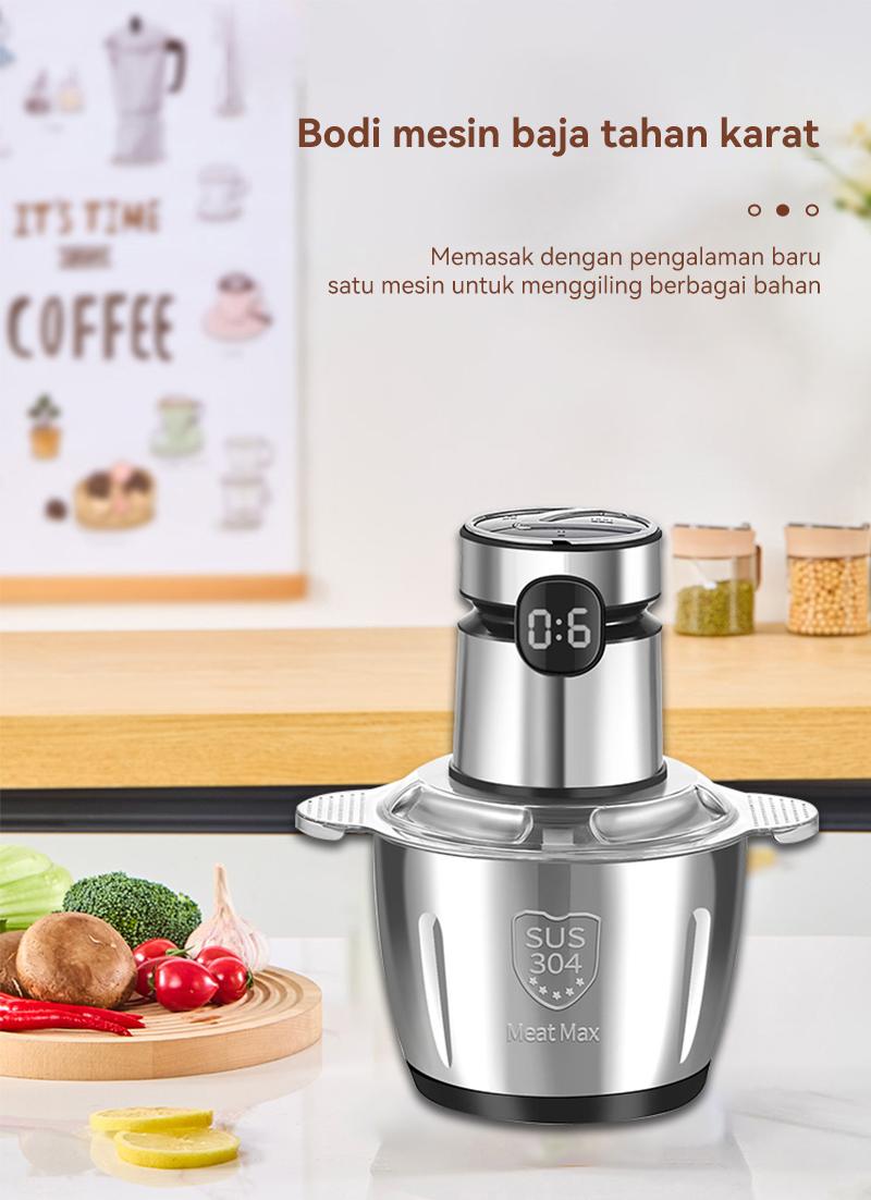 Penggiling/blender daging rumah tangga untuk daging, sayuran, dan buah-buahan, kapasitas 2 liter.