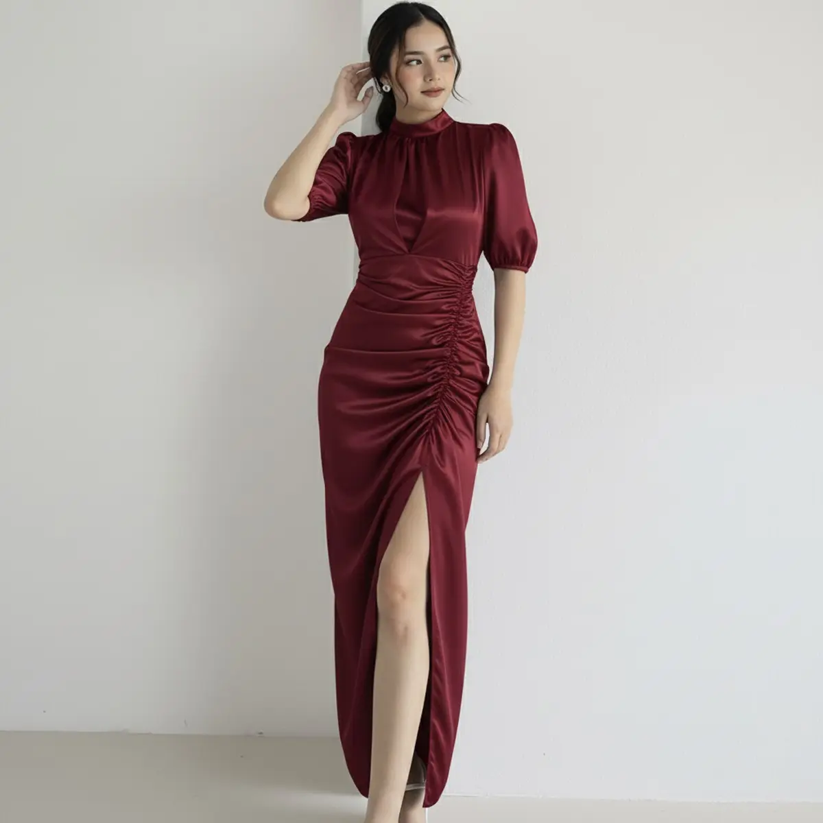 SB004 Natal Dress Harla Satin Casual Wanita - Gaun Panjang Pesta Kondangan Formal Cewek Elegan & Mewah - Gaun Bridesmaid Kekinian Remaja dan Ibu Milenial Cantik Korean