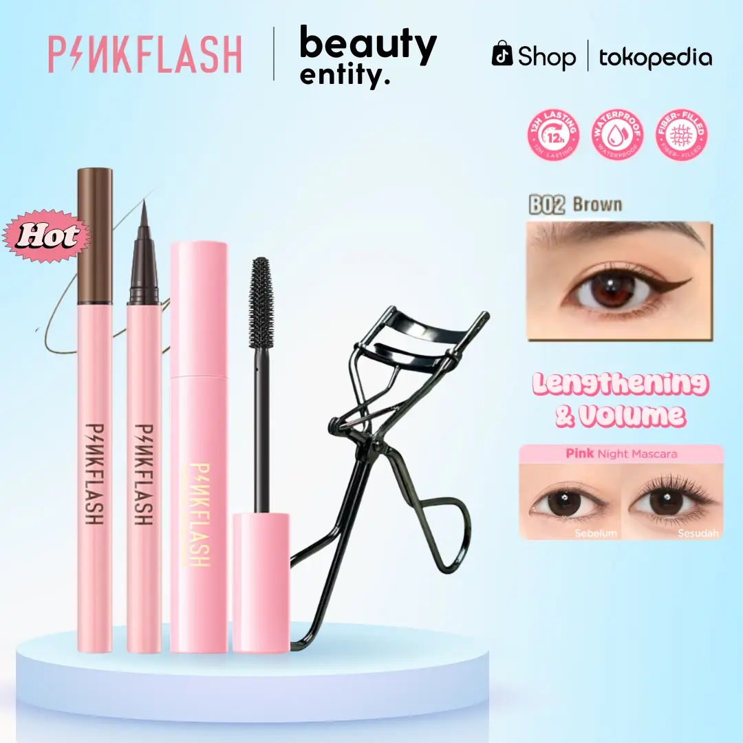 (FREE PENJEPIT BULU MATA) PINKFLASH EYESET Mascara & Liquid Eyeliner #OhMyLine 2PCS Bundle Set Brown Volumizing Waterproof Lasting Free Penjepit Bulu Mata
