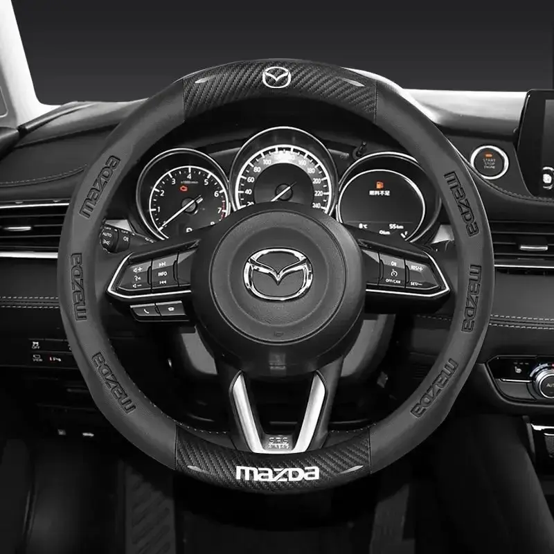 38CM Carbon Fiber Leather Steering Wheel Cover For Mazda Axela Atenza 3 2 6 CX3 CX5 CX30 CX8 CX9 MX5 RX7 RX8 SKYACTIV