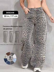 Tela de mezclilla 100% algodón con estampado de leopardo, pantalones de cintura alta y holgados para mujer, estilo casual, grosor moderado del material, para todas las estaciones, perfectos para uso diario