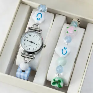 【Jam Tangan + Gelang】Jam Tangan Anak Minimalis Vintage Elegan Dengan Dial Kompak Dan Tali Anyaman, Jam Tangan Siswa Vintage Elegan Untuk Siswa Dengan Desain Sastra Dan Mesin Kuarsa