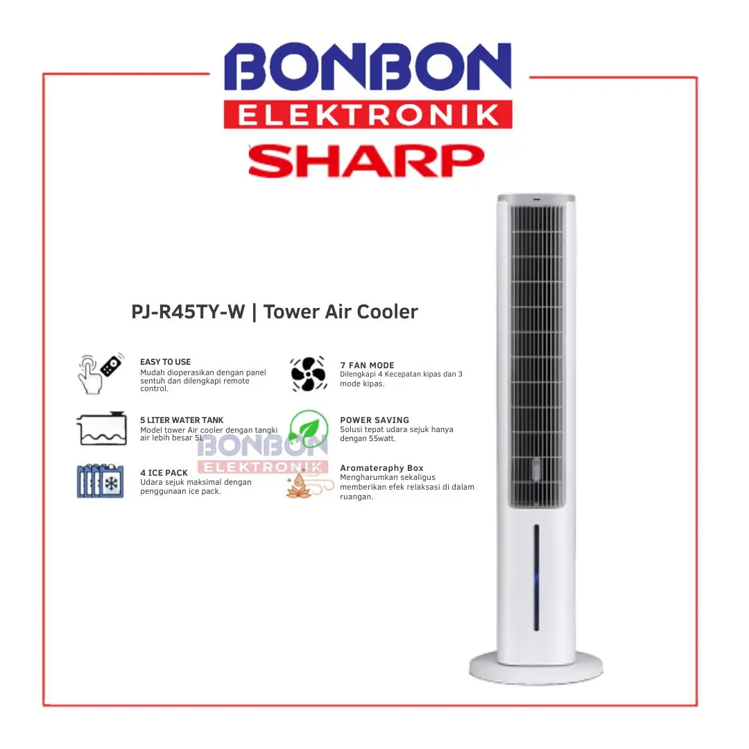 SHARP Tower Air Cooler 5L PJ-R45TY-W / PJ R45TY W / PJ-R45TY White - Touch Panel - 7 Fan Mode - Aromatherapy Bos